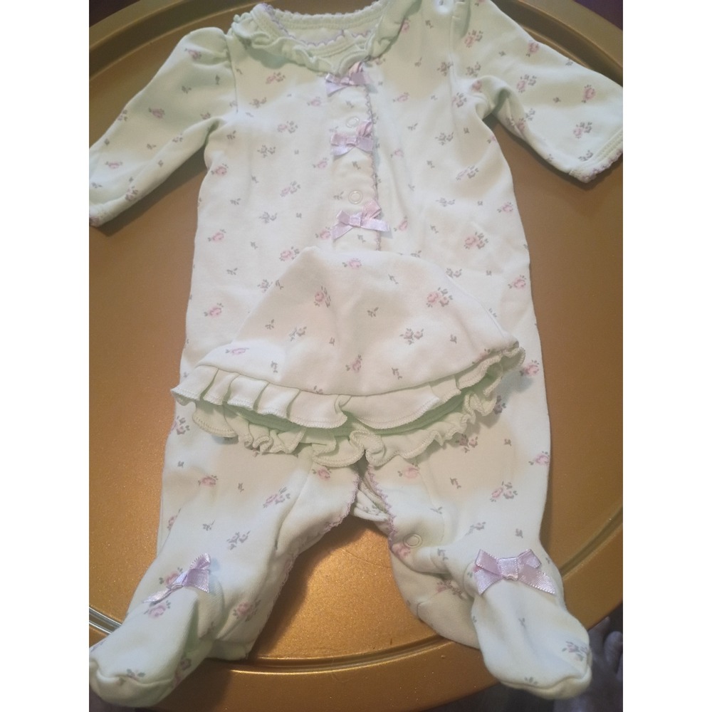 Little Me Preemie Floral Footed Sleeper and Hat Set Mint Green Pink Bows